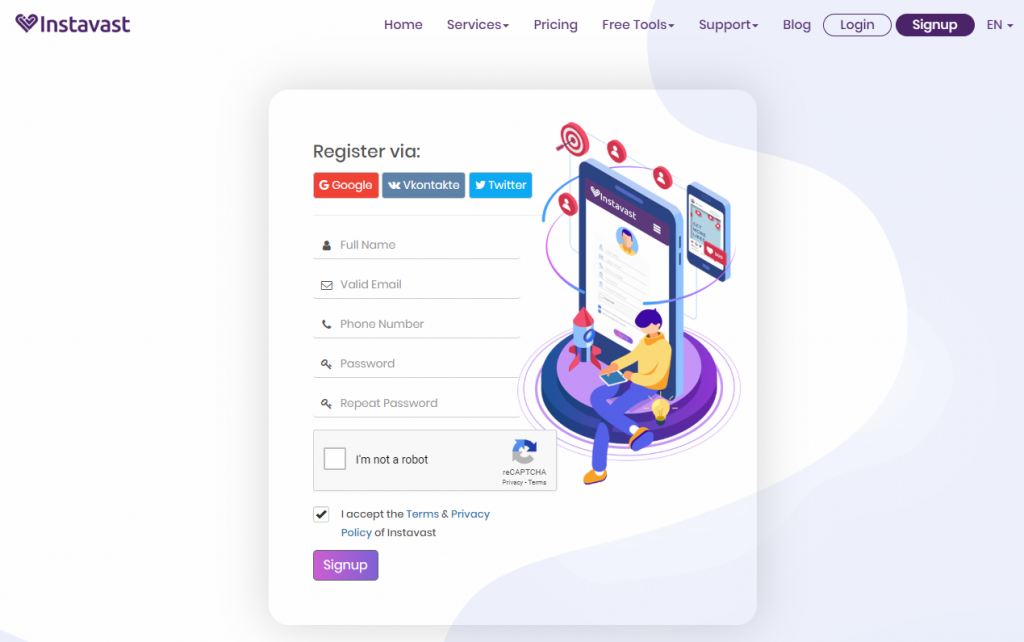 signing up to instavast
