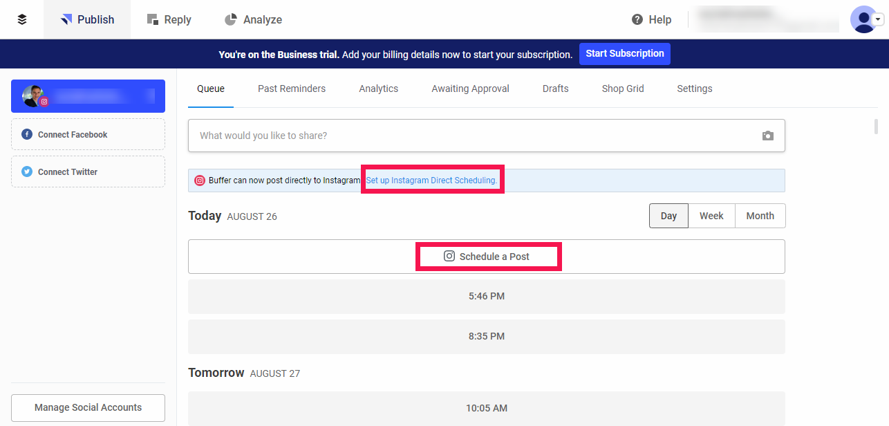 schedule a post on Instagram with buffer