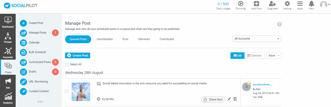 upcoming schedule posts on SocialPilot