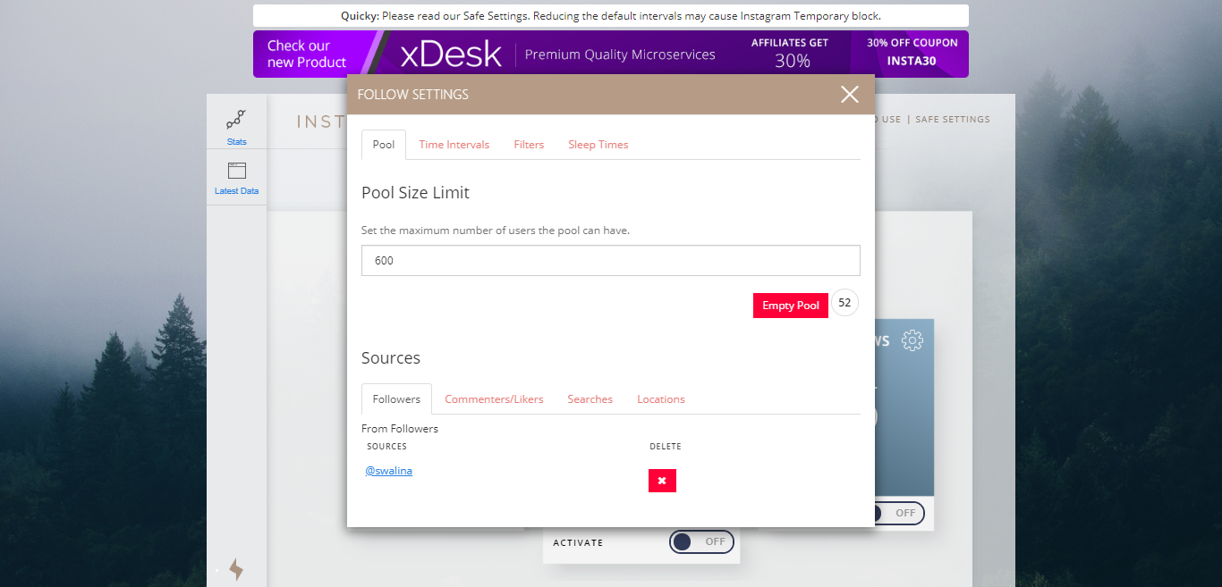 Instagrowth follow settings