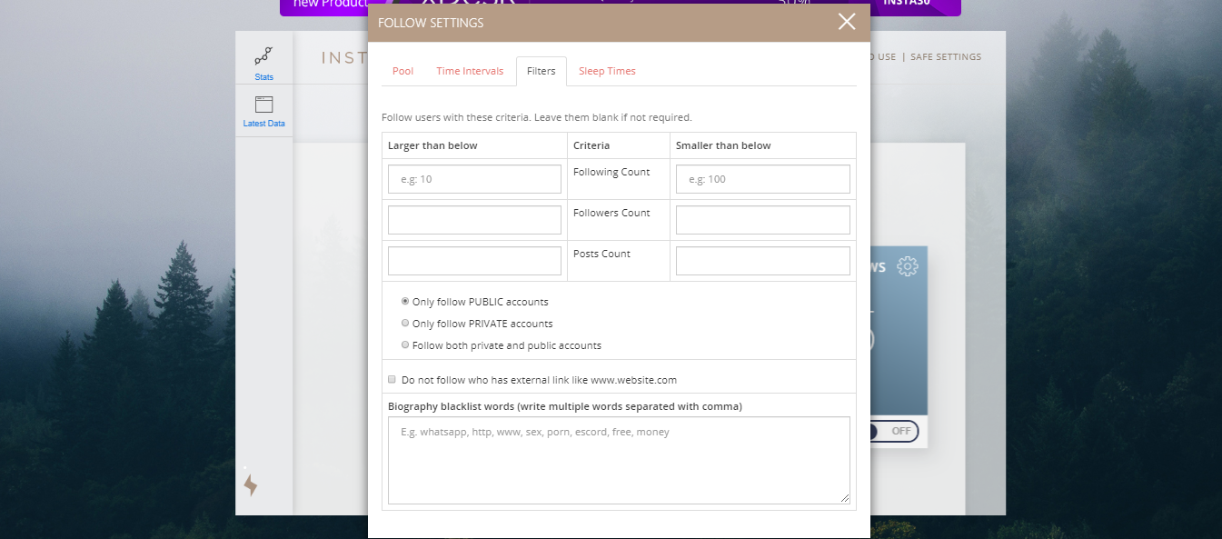 Instagrowth follow filters