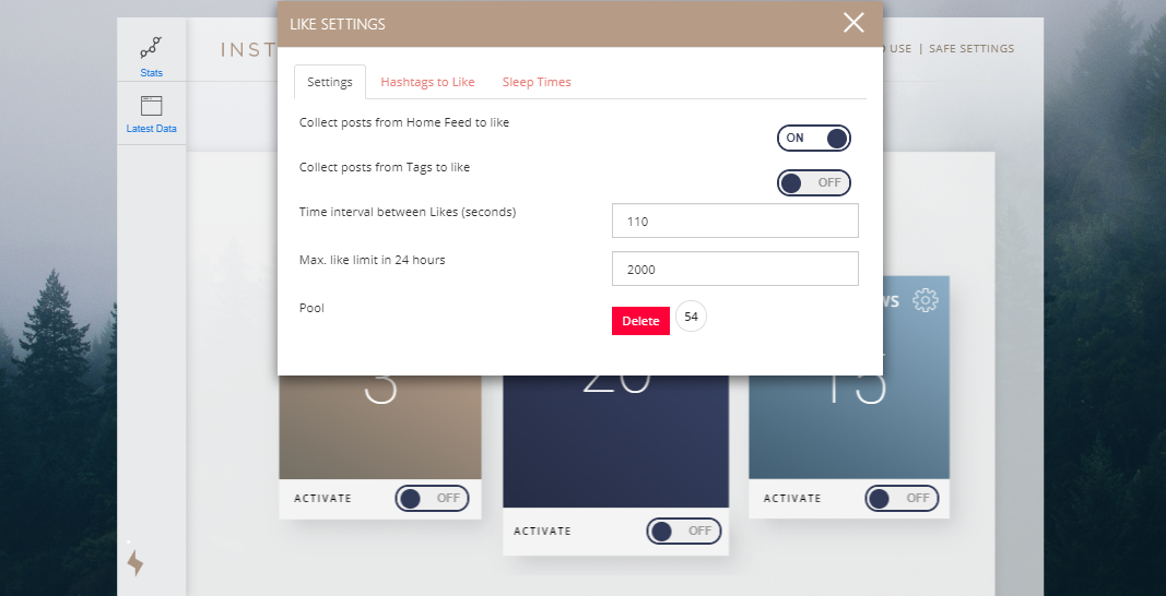 Instagrowth Like settings