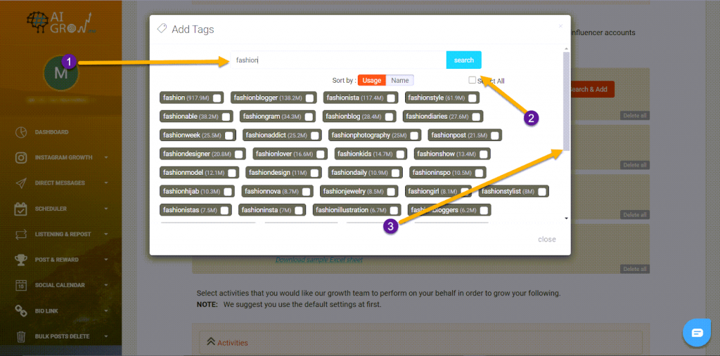 Hashtag strategy for instagram, using AiGrow
