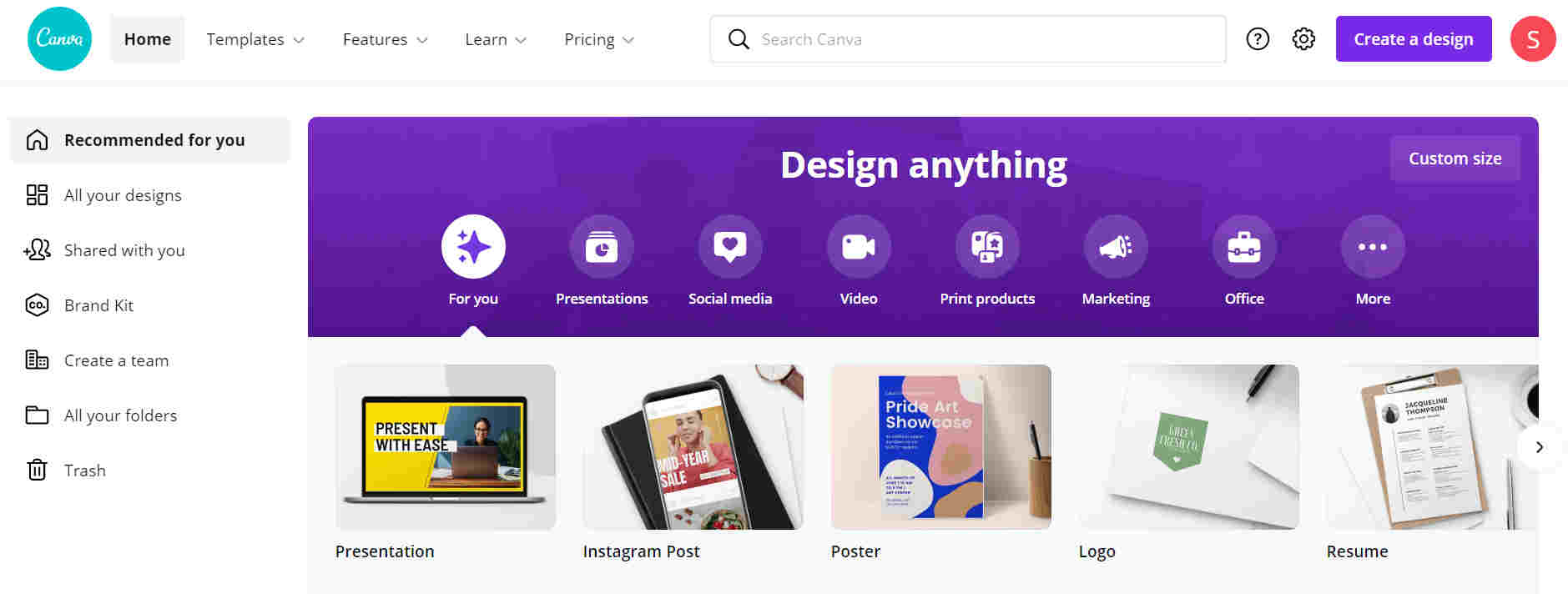 Canva homepage-Instagram business tools
