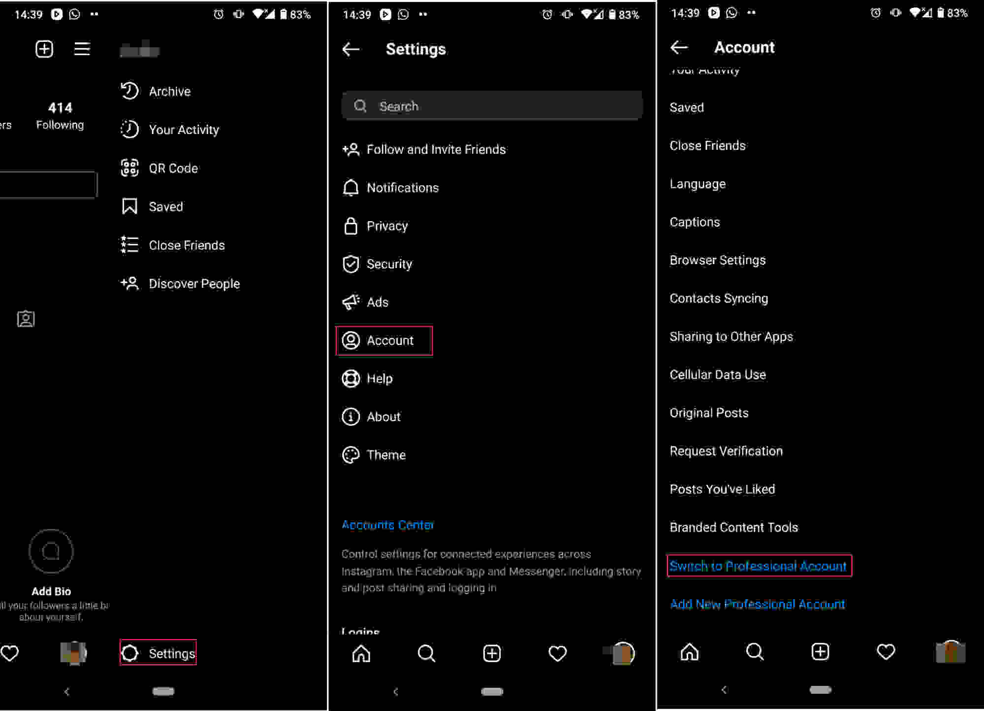 Switch to business profile on Instagram