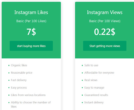 Instamber pricing package for likes and views