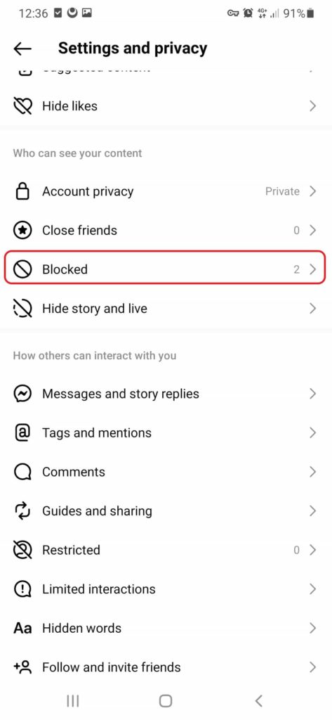 blocking list Instagram