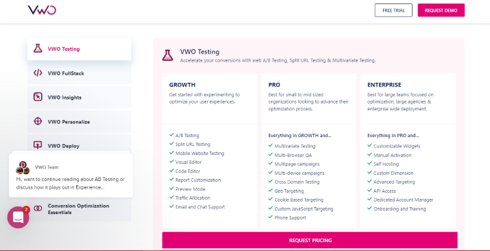 VWO pricing page