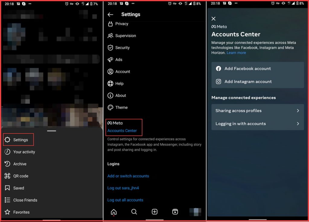 delete accounts from account center