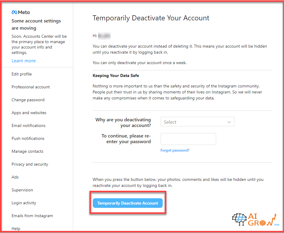 delete instagram account on desktop