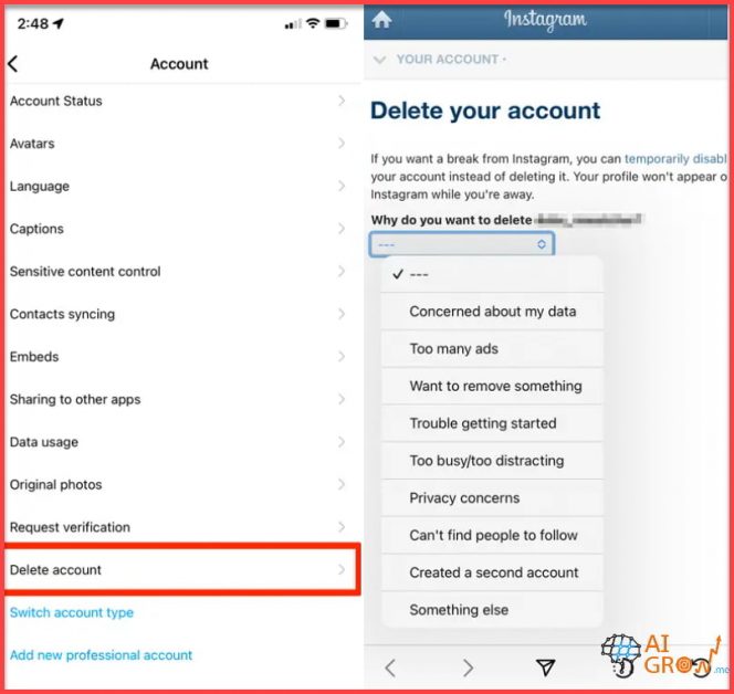 delete instagram account on iphone