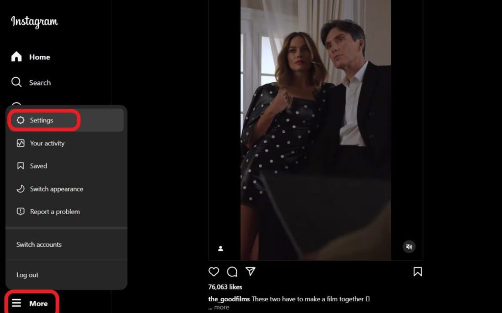 More and Settings options on Instagram