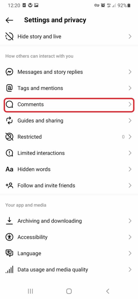 steps to blocking comments on Insta