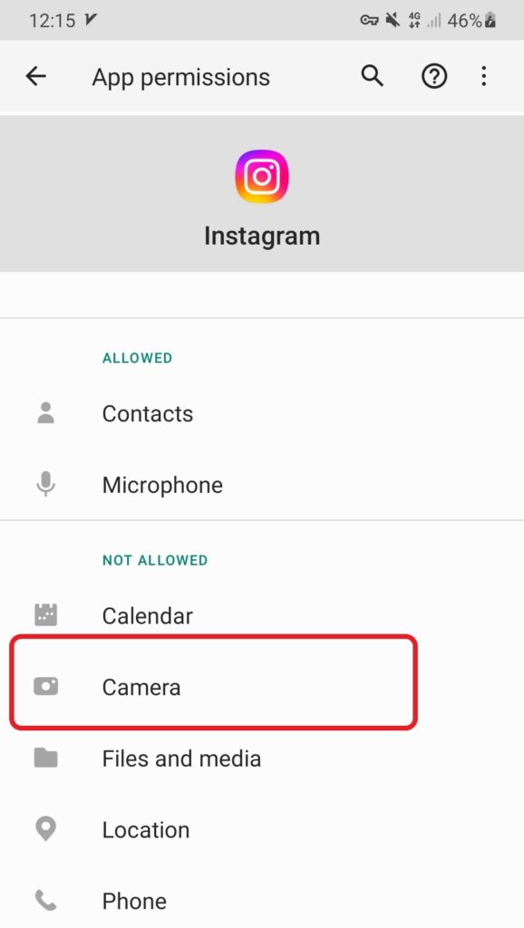 permission access to Instagram camera