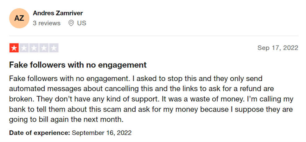 Foost Instagram followers review on Trustpilot