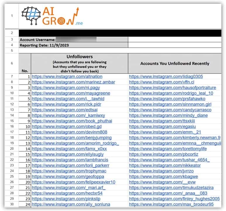Unfollowrers tracker list by AiGrow