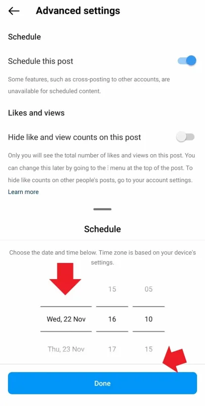 setting date and time for scheduling Instagram posts