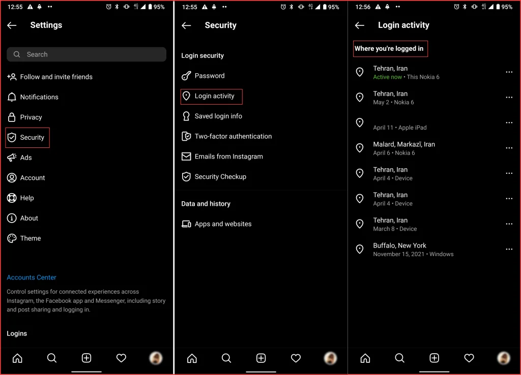 login activity on Instagram app