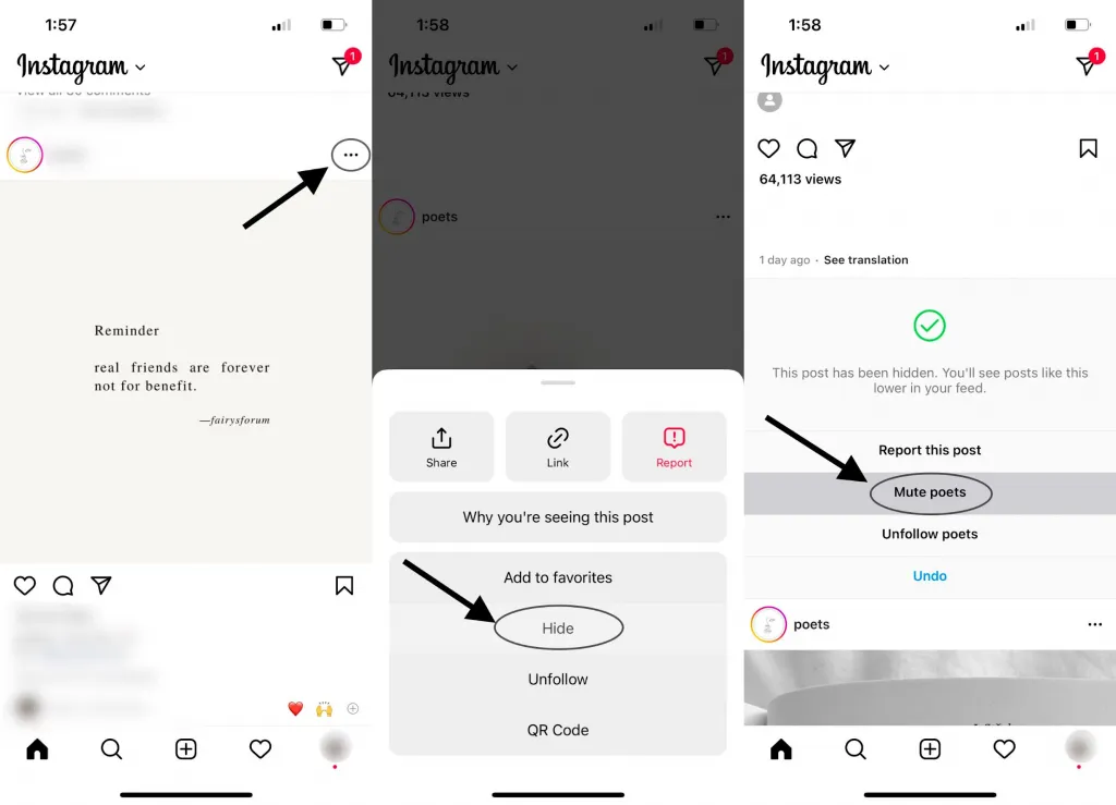 Click on the three dots icon, tap hide and select mute posts