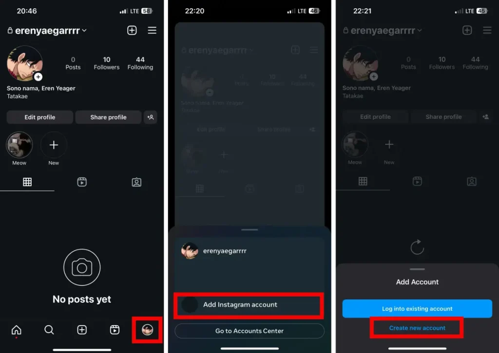 Instagram features: Add a new account