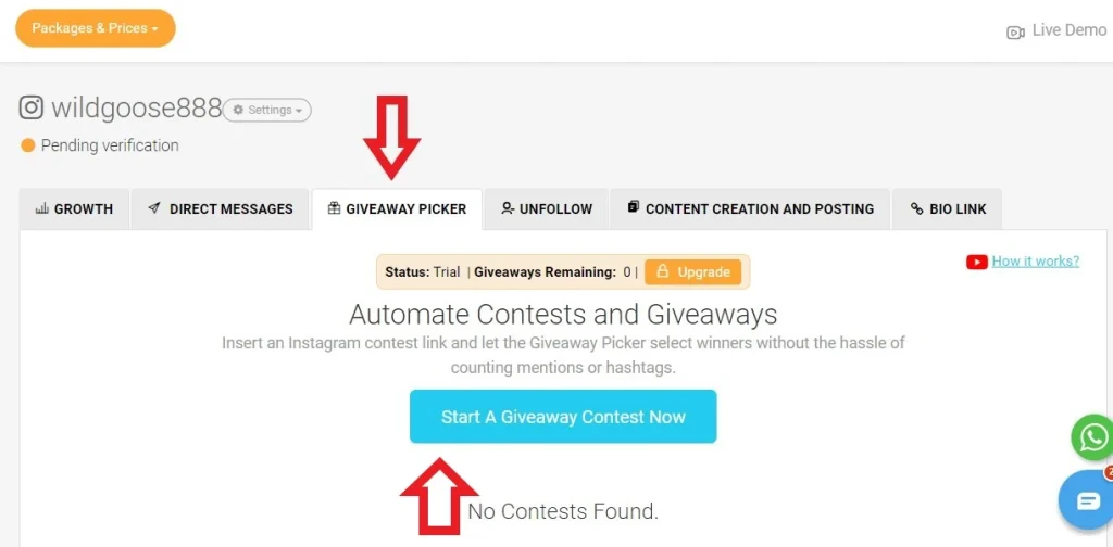 Tapping on Giveaway picker on AiGrow dashboard