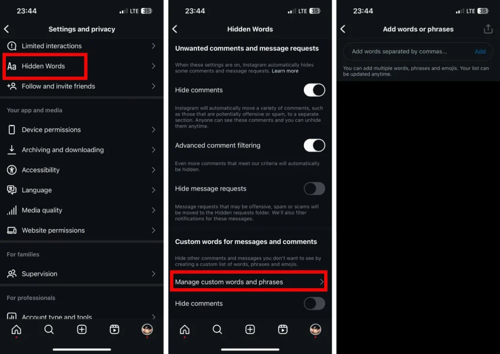 Instagram features: hiden words