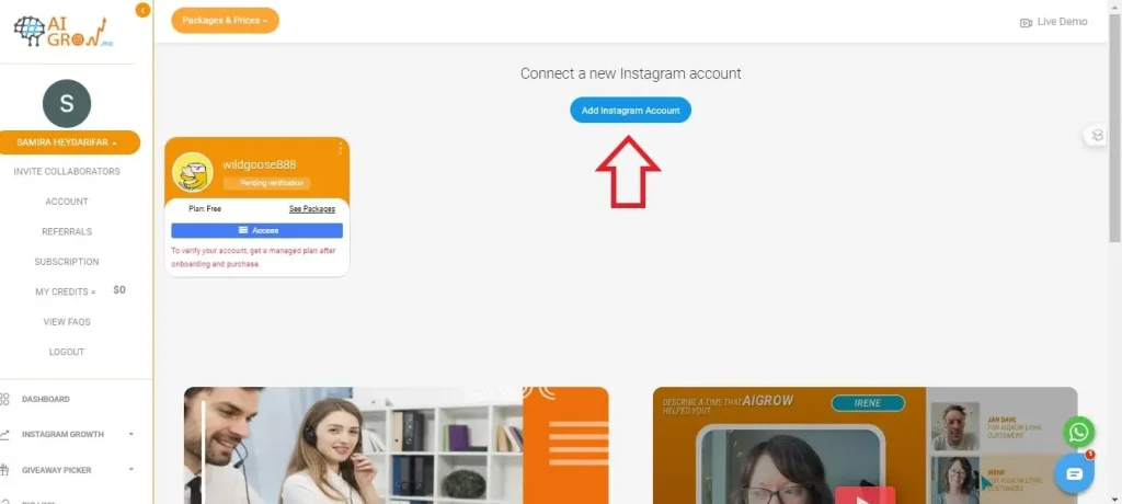 Add your Instagram account to AiGrow dashboard