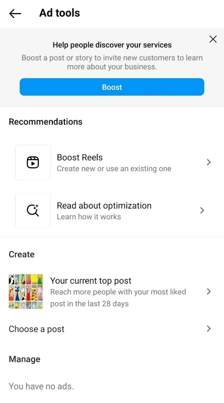 boost Instagram post through Ad Tools