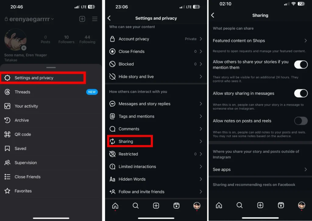 Instagram features: adjust sharing