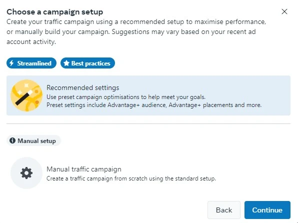 preset settings on Instagram ads manager