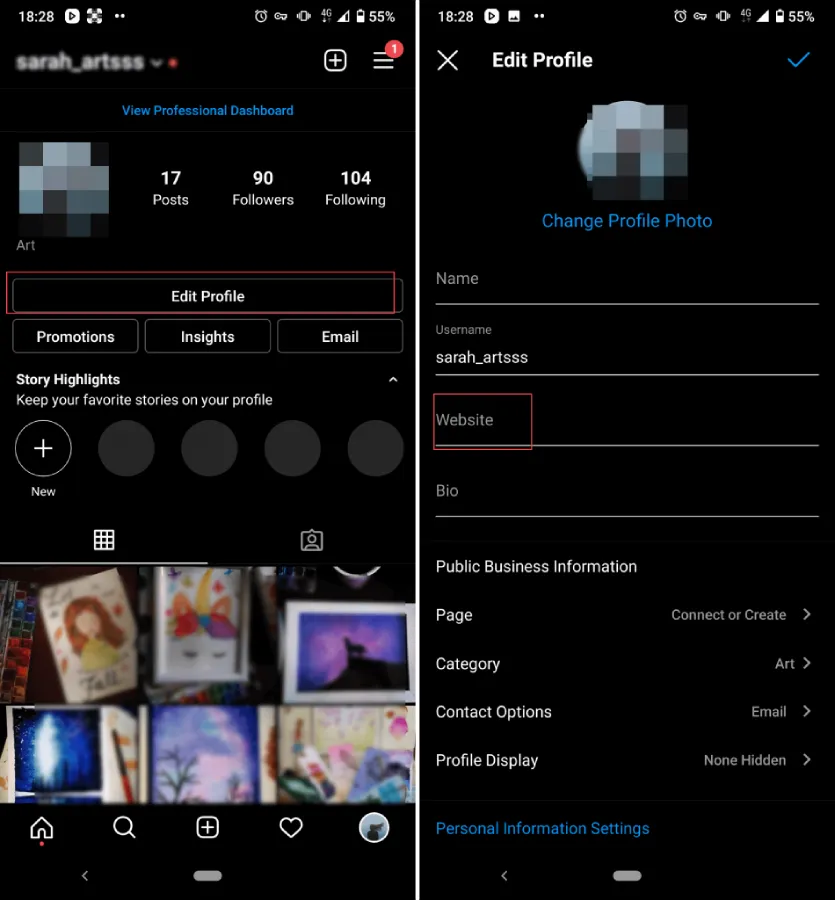 share a website link on Instagram bio