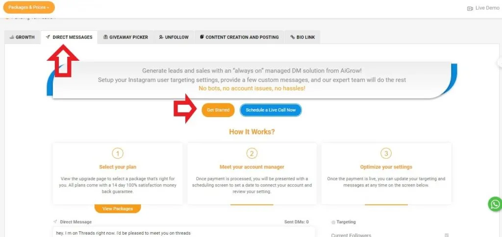 choosing Managed DM service on AiGrow