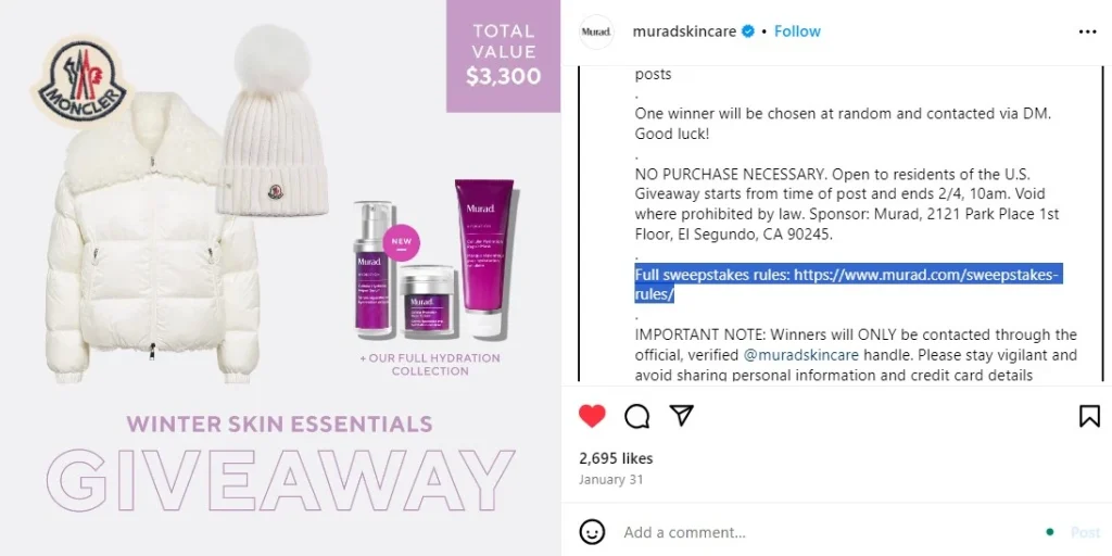 Instagram giveaway disclaimer