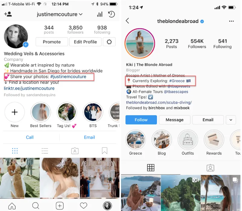 Add hashtags in instagram bio