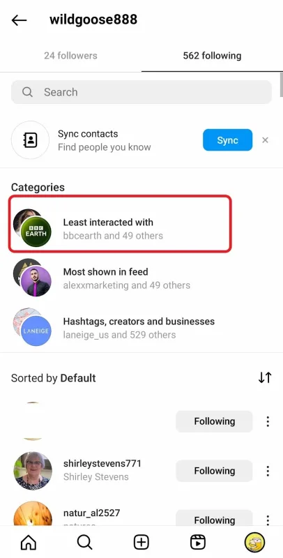 Instagram least interacted with list