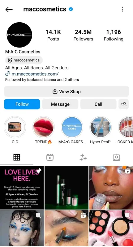 MAC cosmetic brand Instagram page