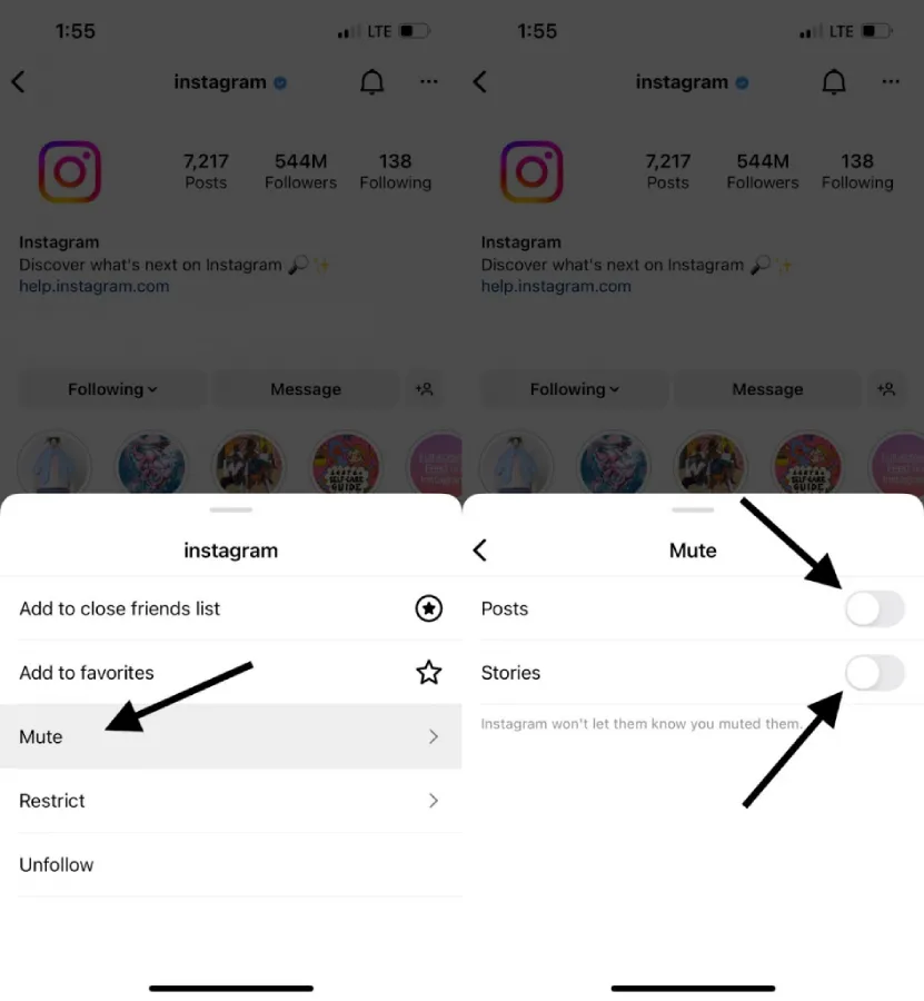 Click following, tap mute and enable posts and stories option