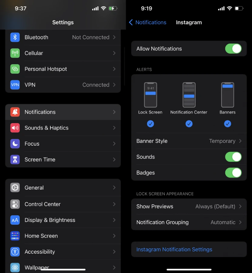Enable your Instagram notifications on your device