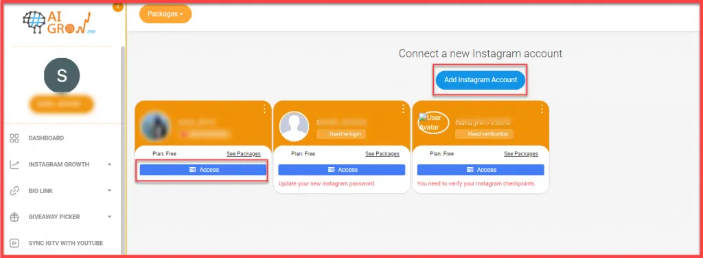 Access Instagram accounts with AiGrow