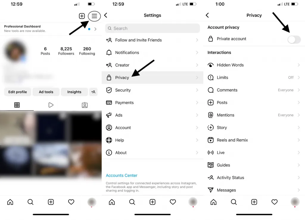Click on the three lines icon, tap privacy and enable private account option.