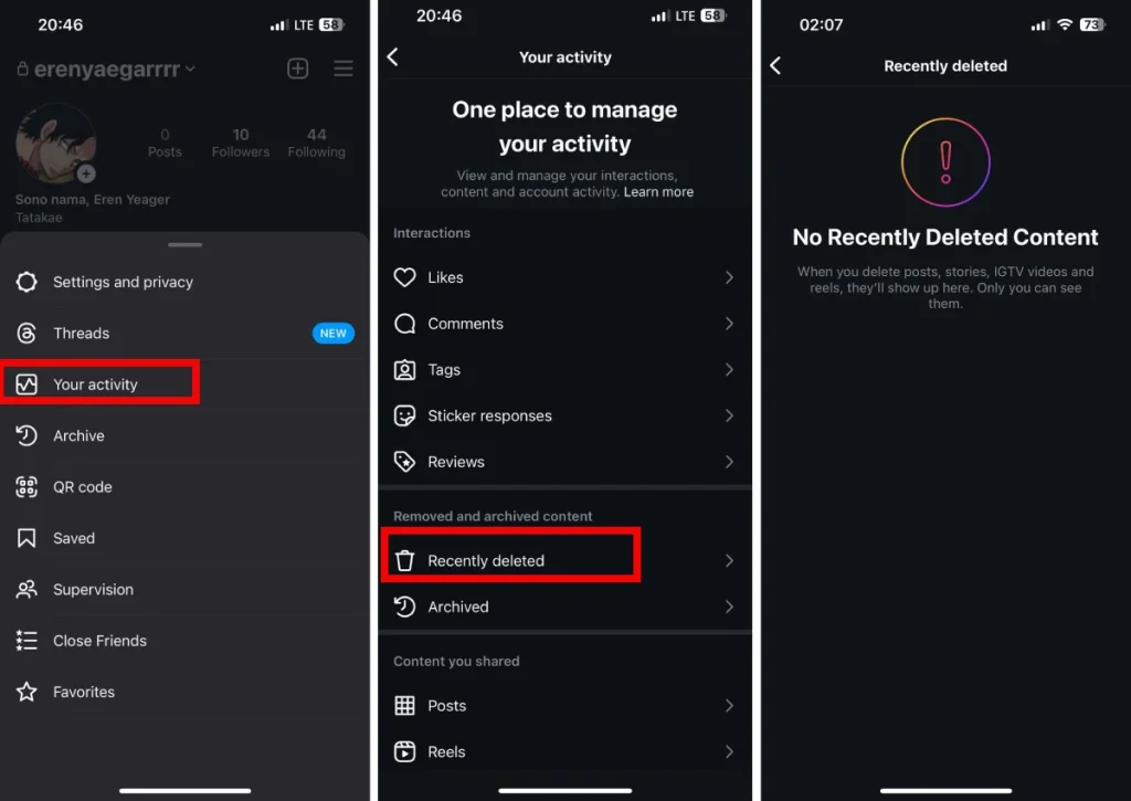 instagram features: recently deleted