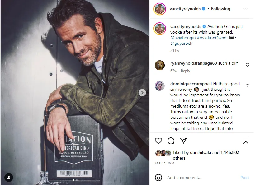 an example of a brand ambassador partnership between Aviation Gin and Ryan Reynolds
