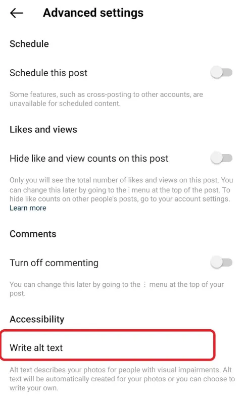 Add Alt text on instagram