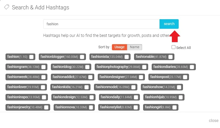 search hashtags on AiGrow free hashtag generator