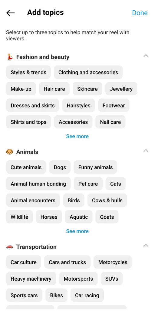 Add hashtags and topics to IG reels