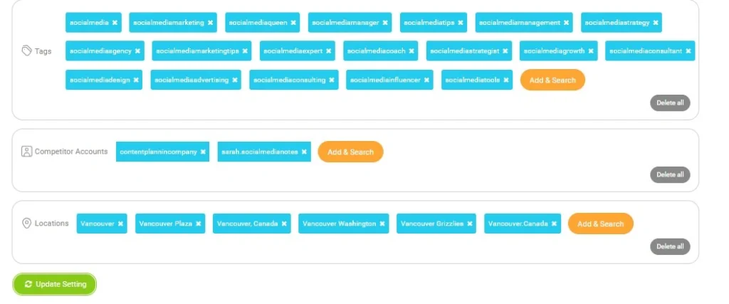 adding location. hashtags, and competitors to AiGrow dashboard