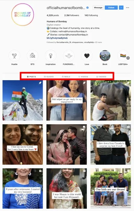 Instagram different types of contents