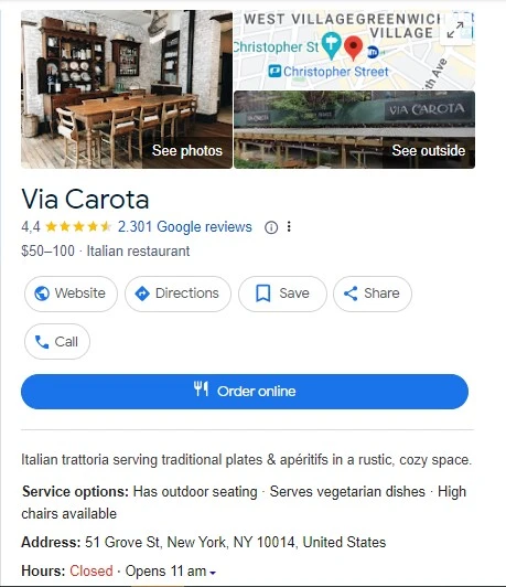 Via Carota restaurant Google my business profile