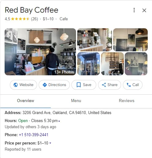 Google My Business account of Red Bay cafe