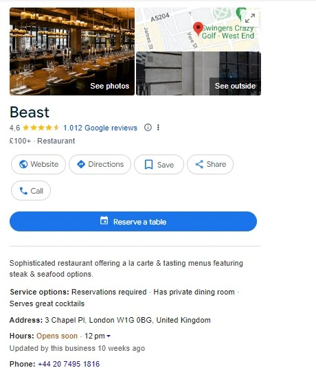 Google my business profile for a catering business